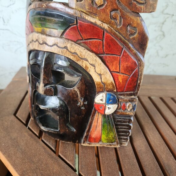 Hand-Carved Mayan Aztec Wooden Mask Tribal Wall Art with Snake, Jaguar & Warrior - Picture 5 of 16